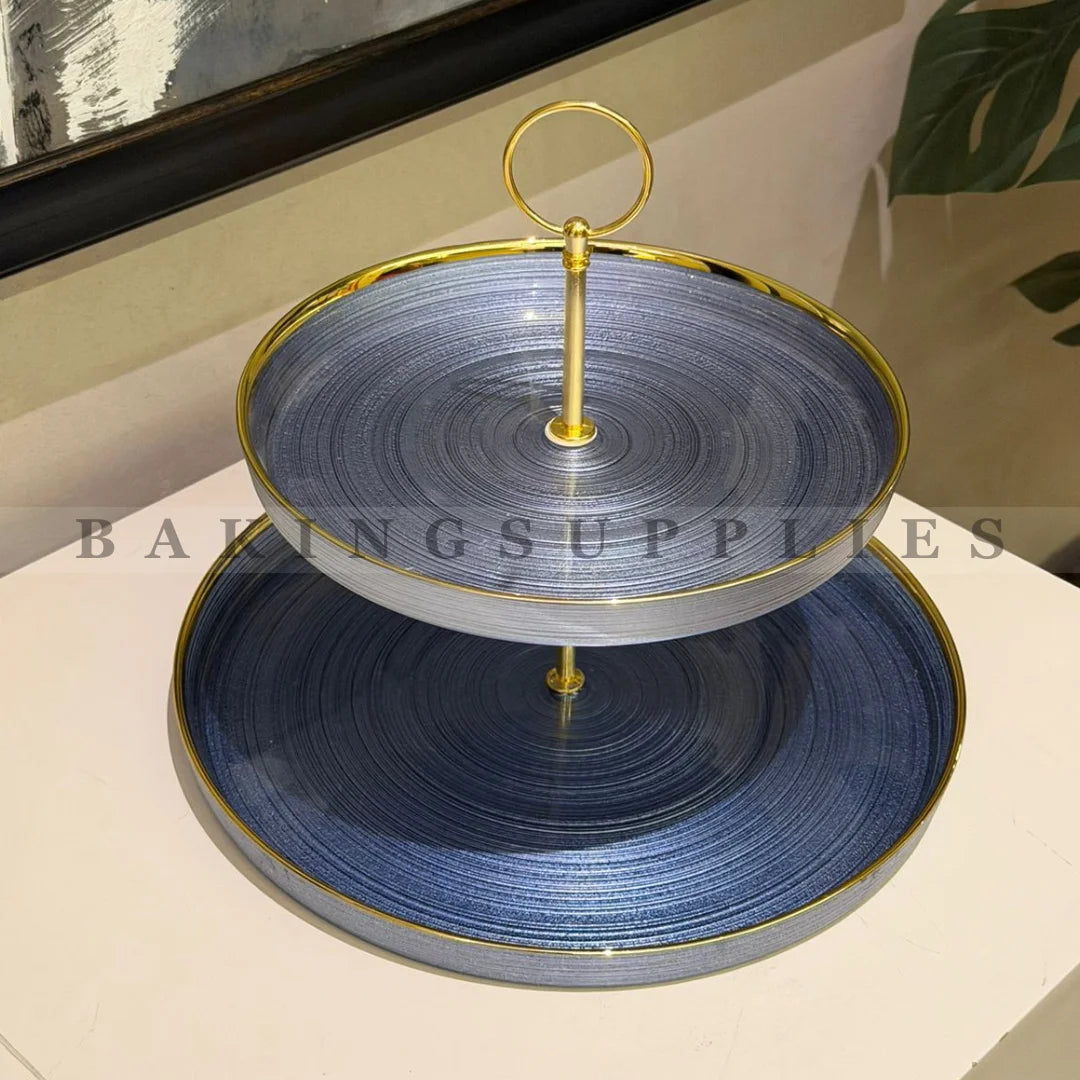 Grey 2‑Tier Serving Tray with Gold Rim – Elegant Dessert & Appetizer Stand