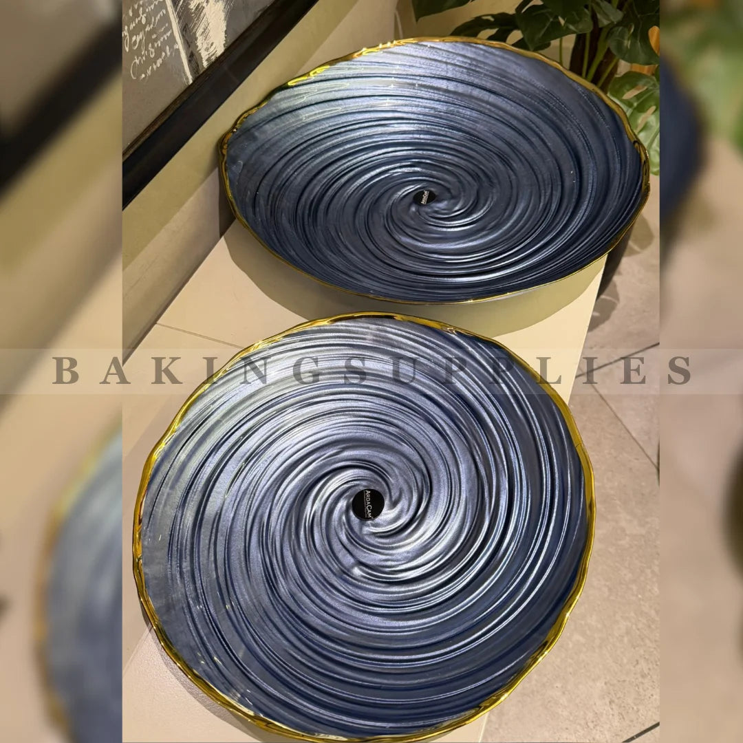 Grey Spiral Ceramic Platter with Gold Rim – Elegant Serving Tray