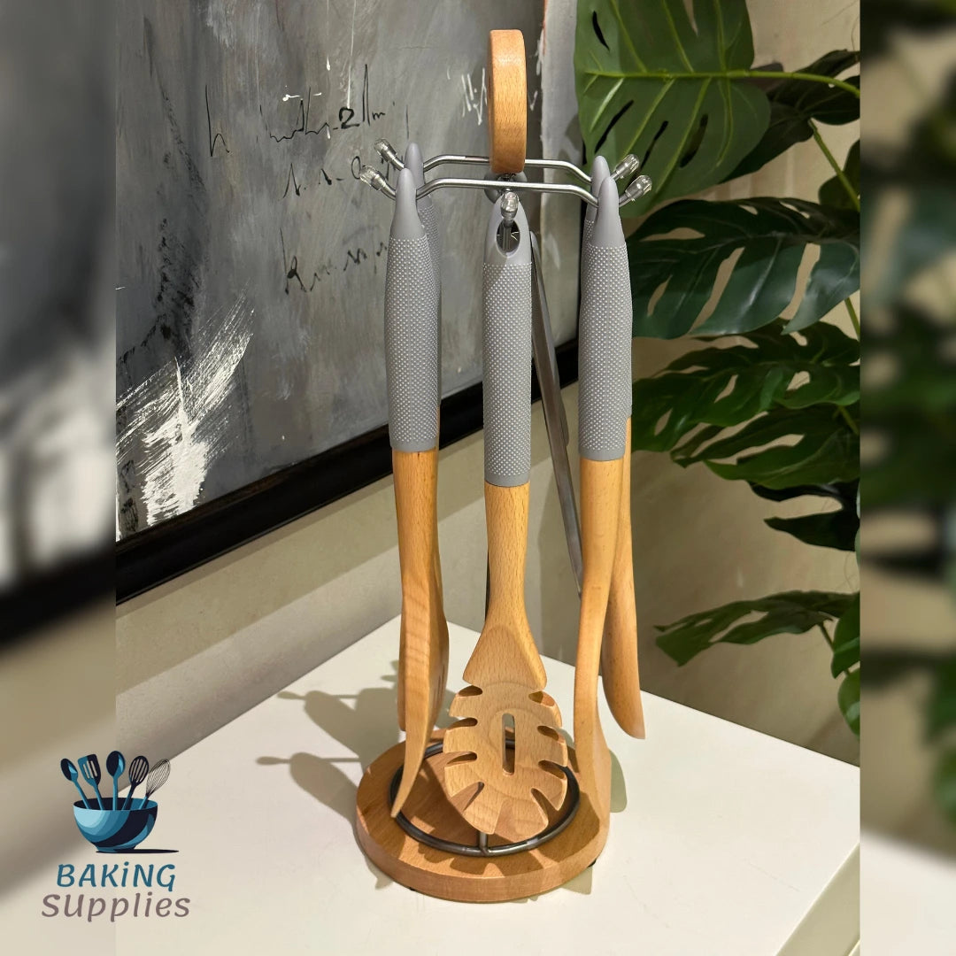 Imported Wooden Spatula Set with Movable Base – Premium Kitchen Tool Stand