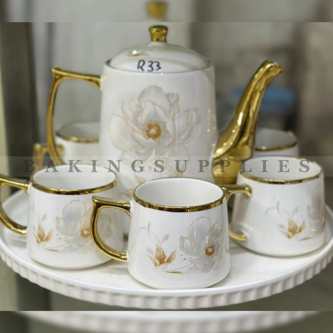 Ivory Blossom Gold Ceramic Tea Set 8 Pieces