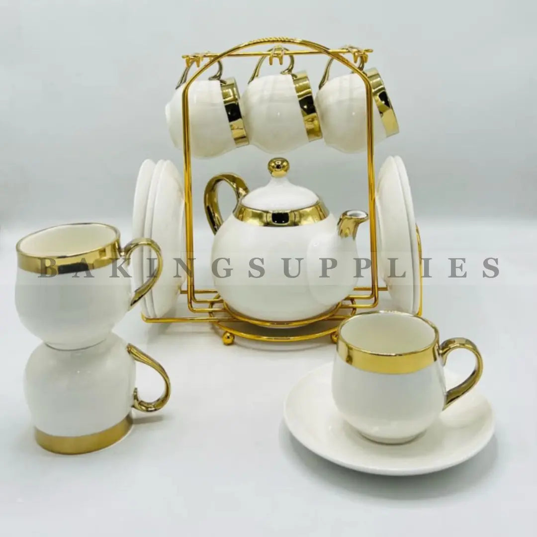 Ivory Gold Luxe 15-Piece Ceramic Tea Set with Gold Stand