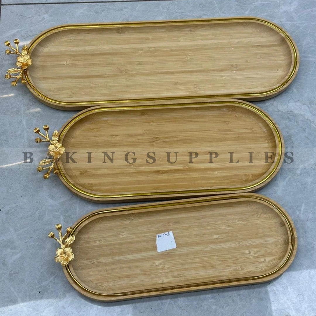 Luxury Bamboo Wooden Serving Tray Set – 3 Pieces with Gold Floral Handles