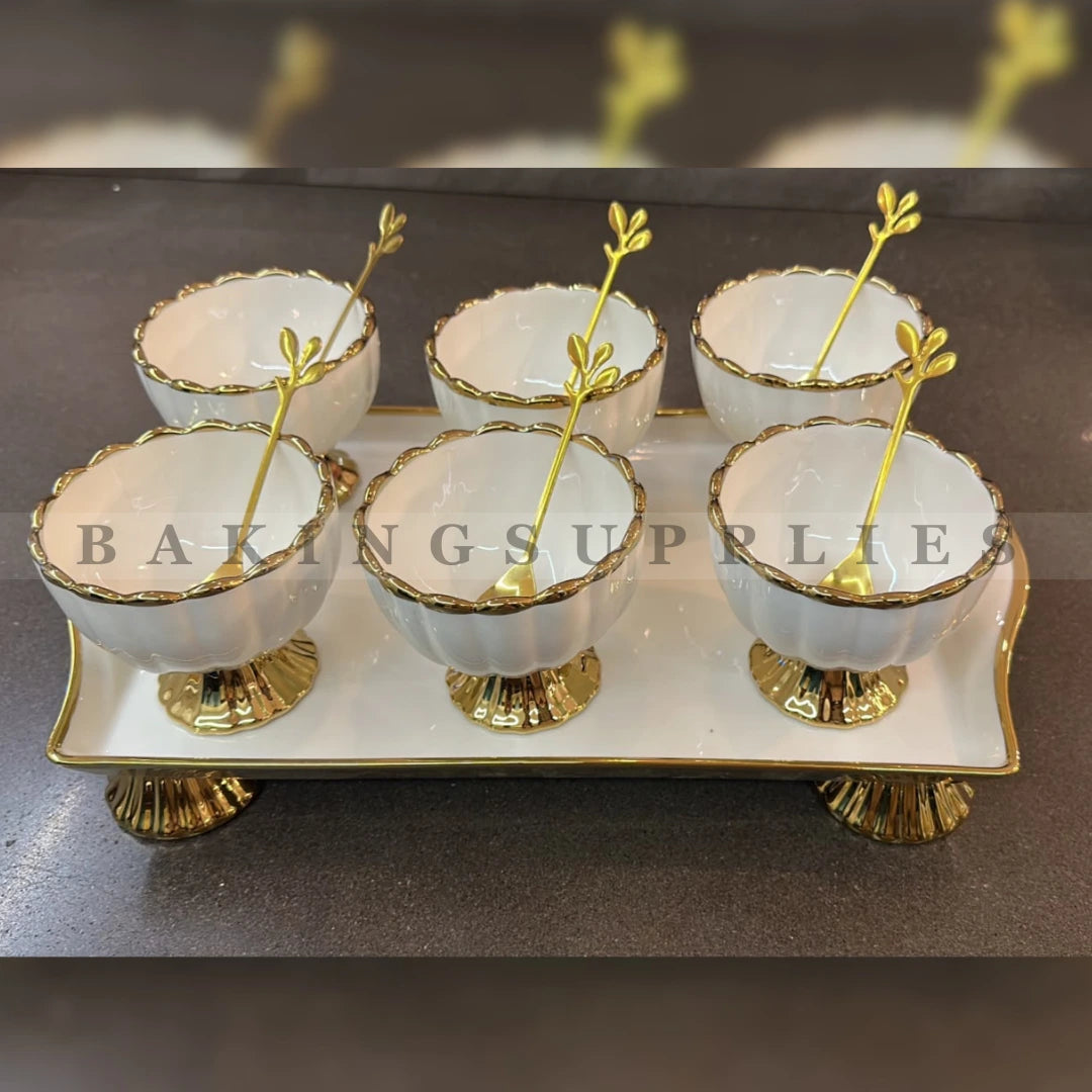 Luxury Ceramic Dessert Bowl Set of 7 with Gold Tray & Spoons