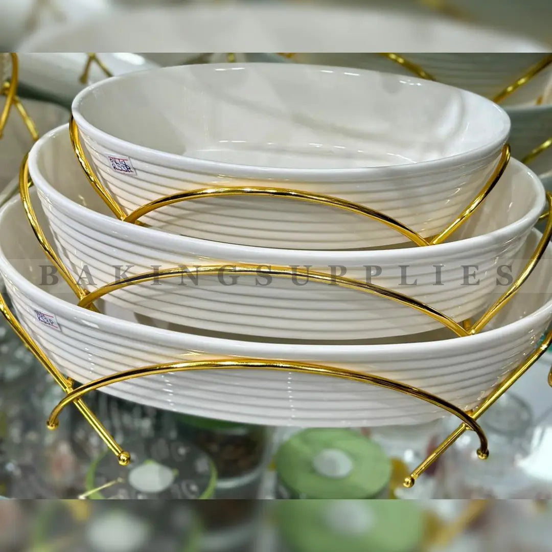 Luxury Ceramic Serving Dishes with Gold Stand | 3 Piece Serveware Set