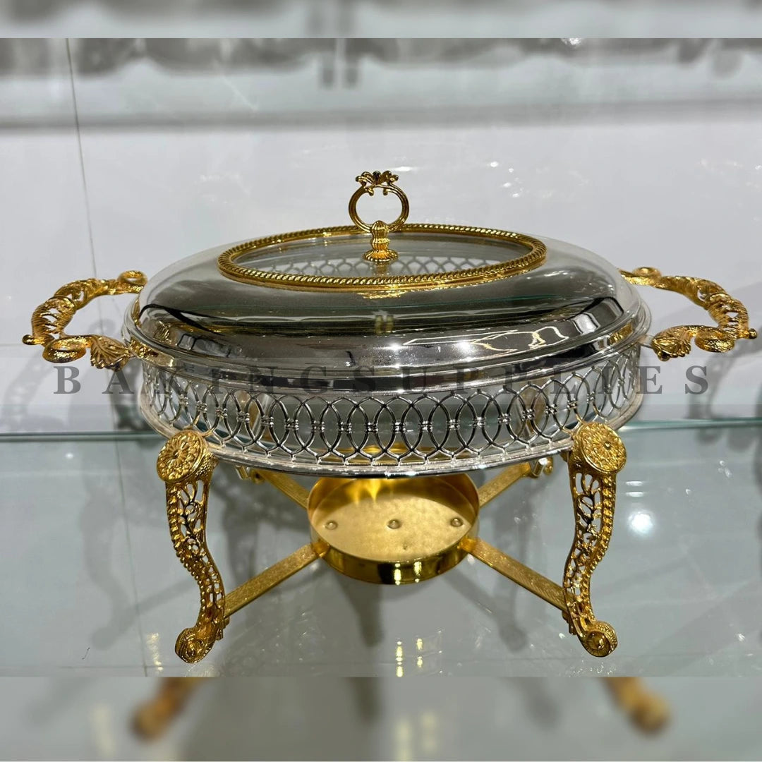 Luxury Gold-Plated Chafing Dish with Glass Lid – Elegant Buffet Food Warmer