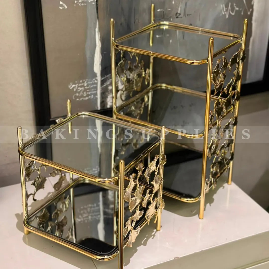 Luxury Gold Metal Tiered Serving Stand with Mirrored Trays