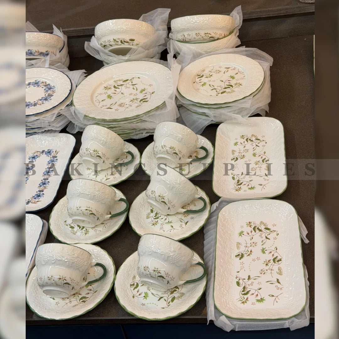 Luxury White & Green Floral Design 32-Piece Breakfast Set