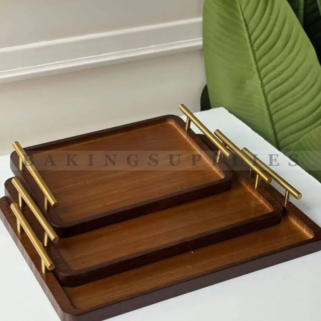 Luxury Wooden Serving Tray Set with Gold Handles | Set of 3