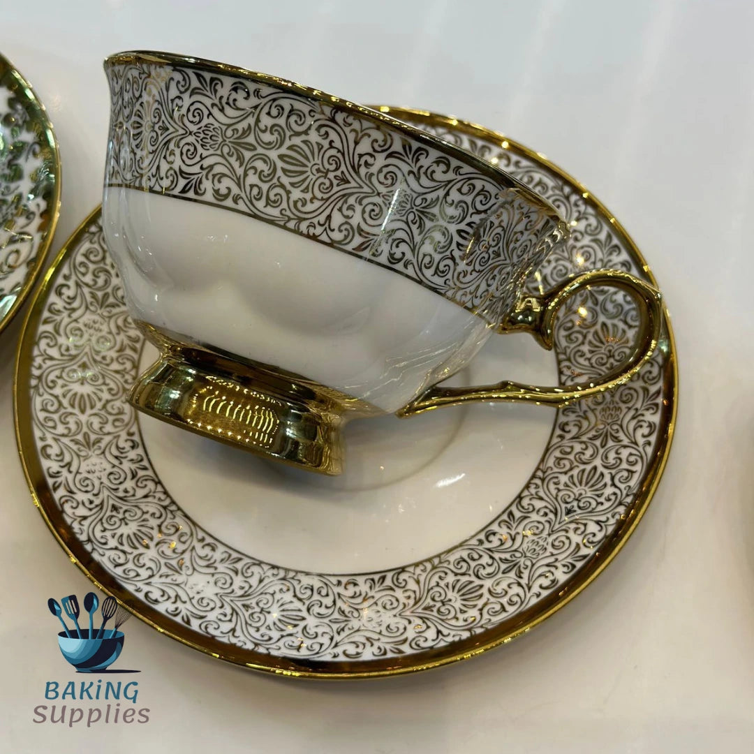 Luxury Cup & Saucer Set – White Base with Black Pattern & Gold Finish (Serves 6)