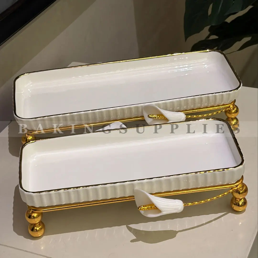 Luxury Rectangular Ceramic Serving Platter with Gold Stand & Floral Accent