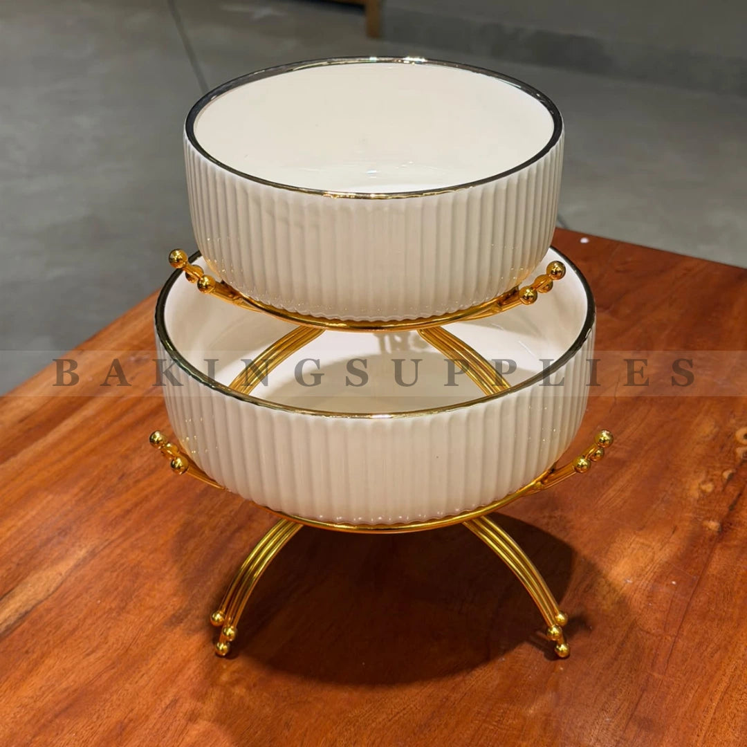 Luxury White and Gold Serving Bowls with Stand