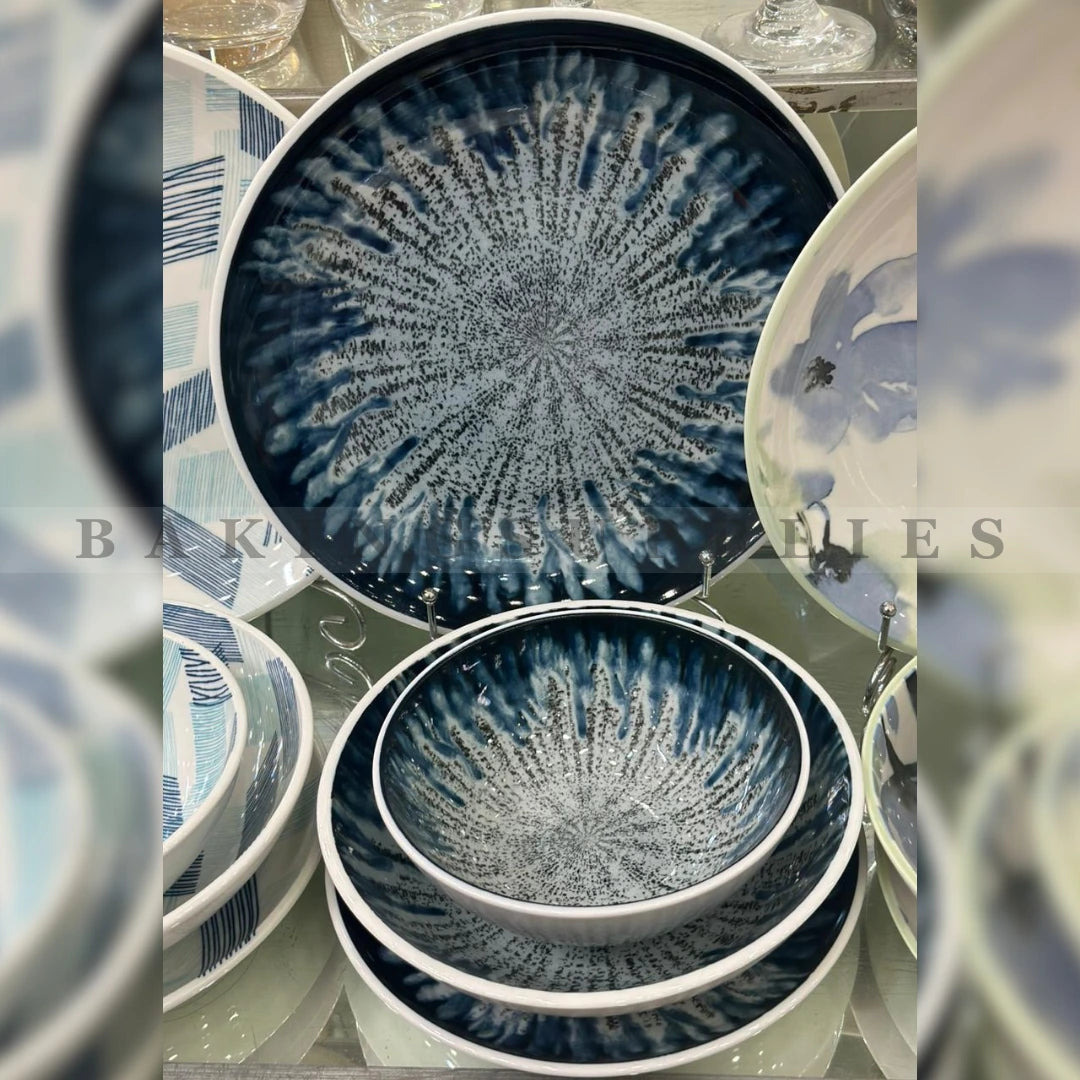 Midnight Blue Sunburst Ceramic Dinnerware Set – 24 Pc Set
