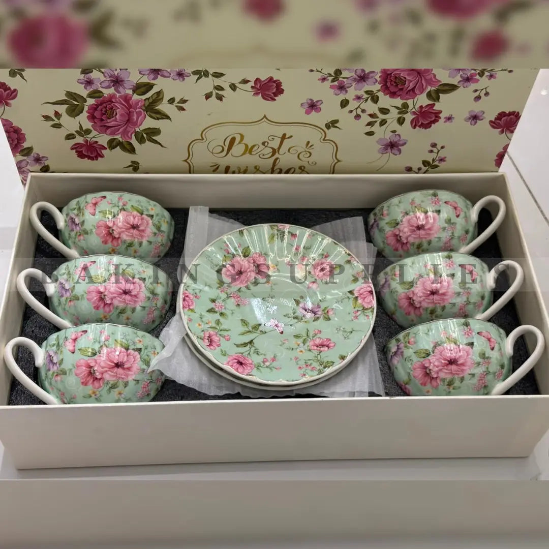 Premium Floral Porcelain Cup & Saucer Set 12 Pieces | Elegant Tea Set