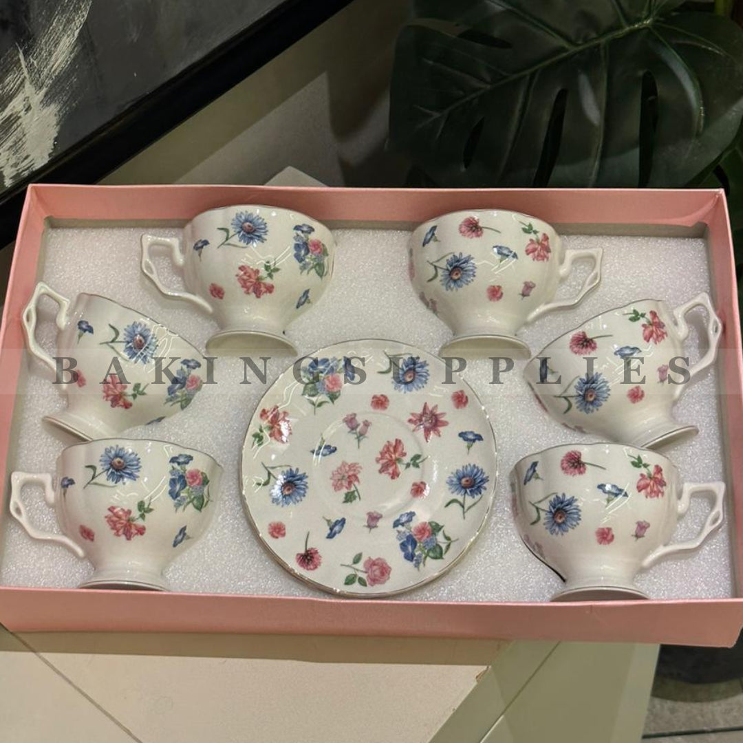Floral Ceramic Cups & Saucers 7-Piece Set