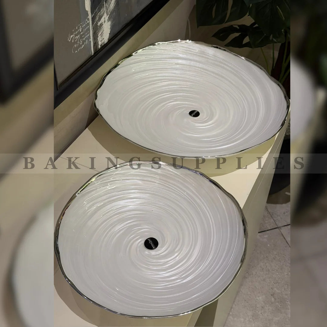 Off-White Spiral Ceramic Platter with Gold Rim – Elegant Serving Tray