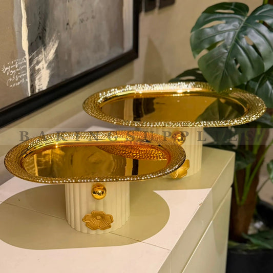 Luxury Gold Metal Platter with 3D Flower | Decorative Serving Tray