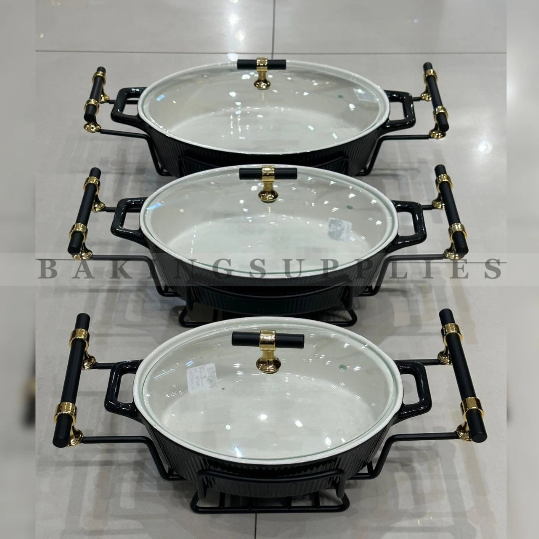 3-Piece Chafing Dish Set with Black Stands & Glass Lids