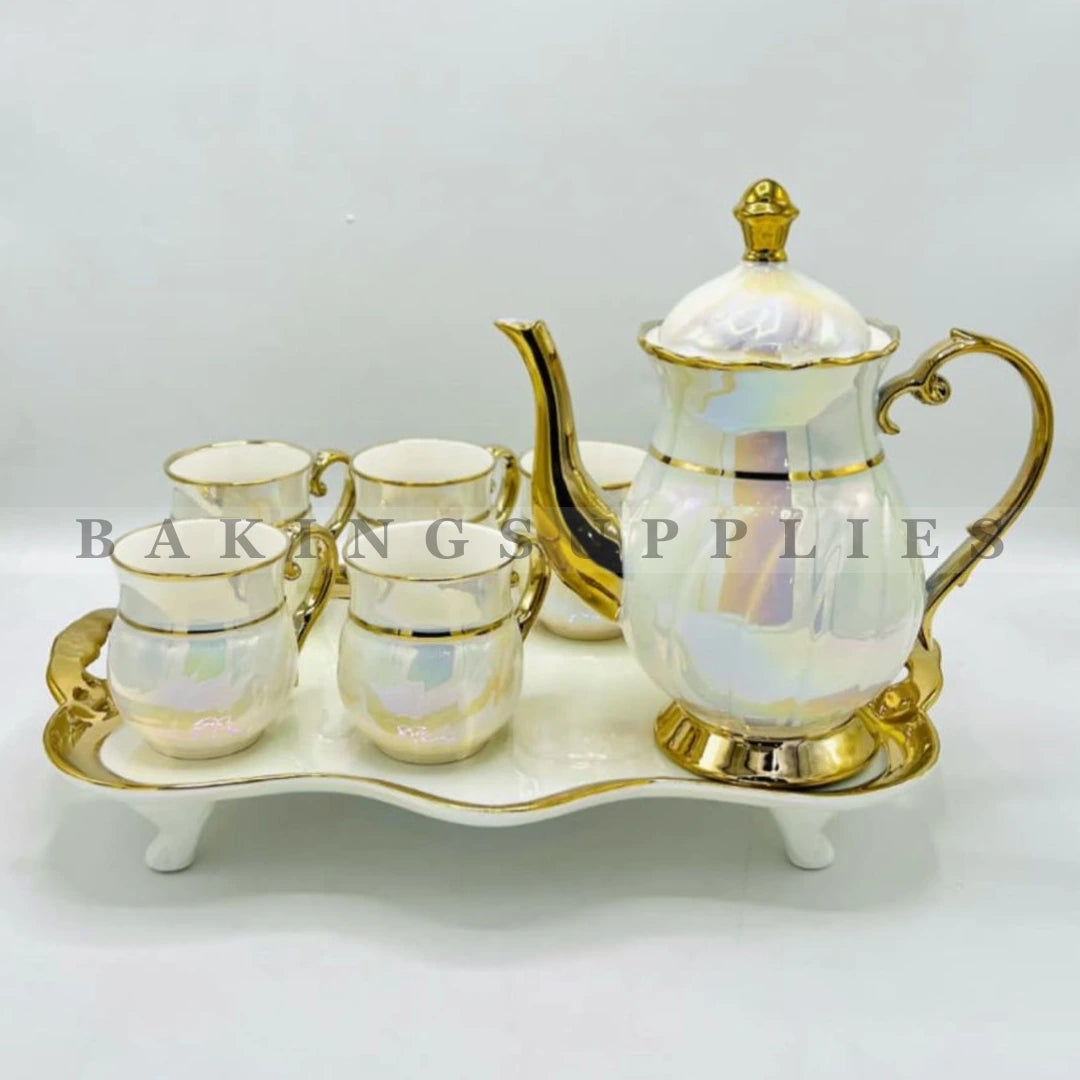 Pearl Aurora Gold Trim Porcelain Tea Set 9 Pieces with Tray