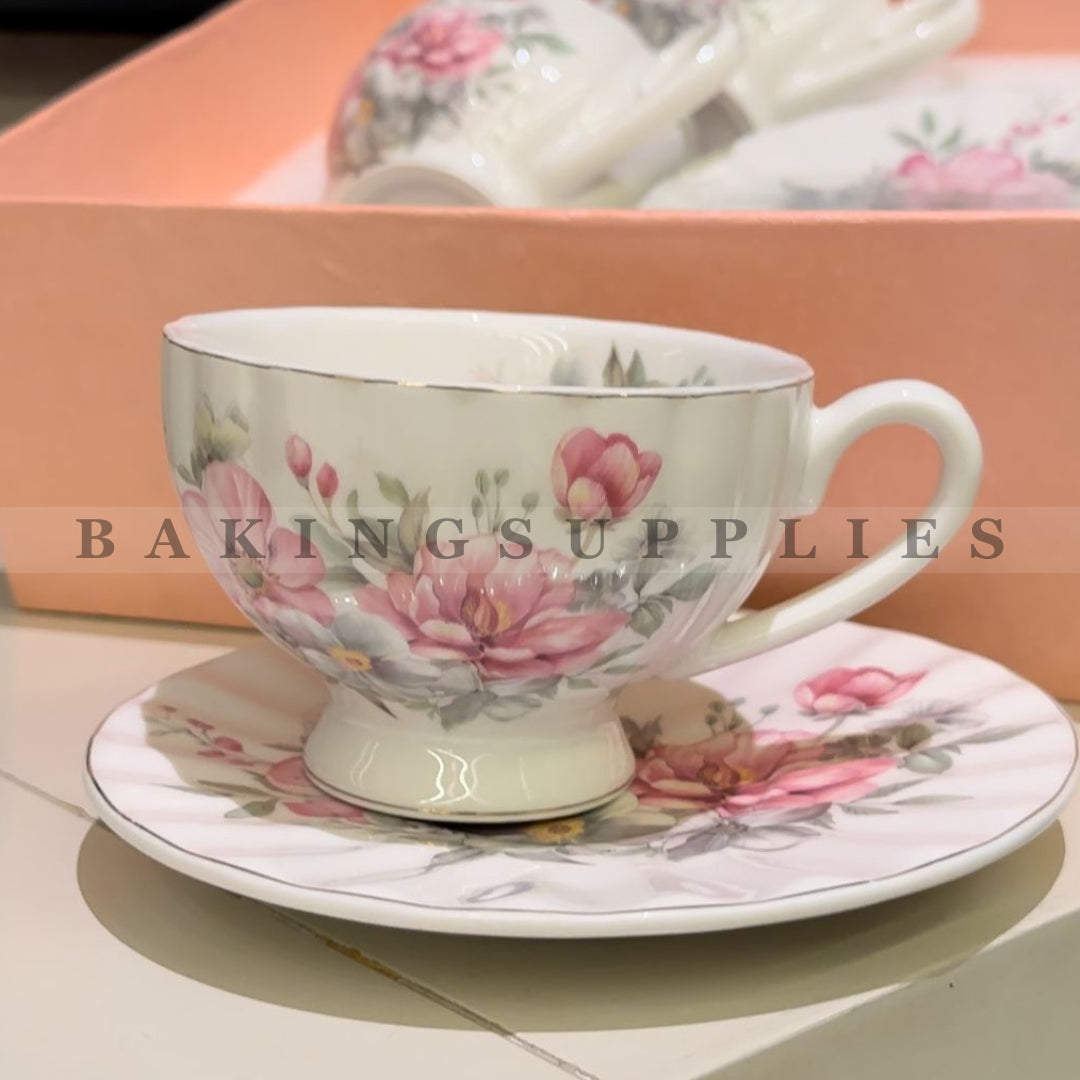 Pink Floral Ceramic Cups & Saucers 7-Piece Set