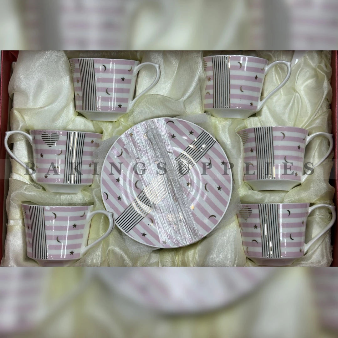 Pink Stripe Moon Star Porcelain Cup & Saucer Set of 6