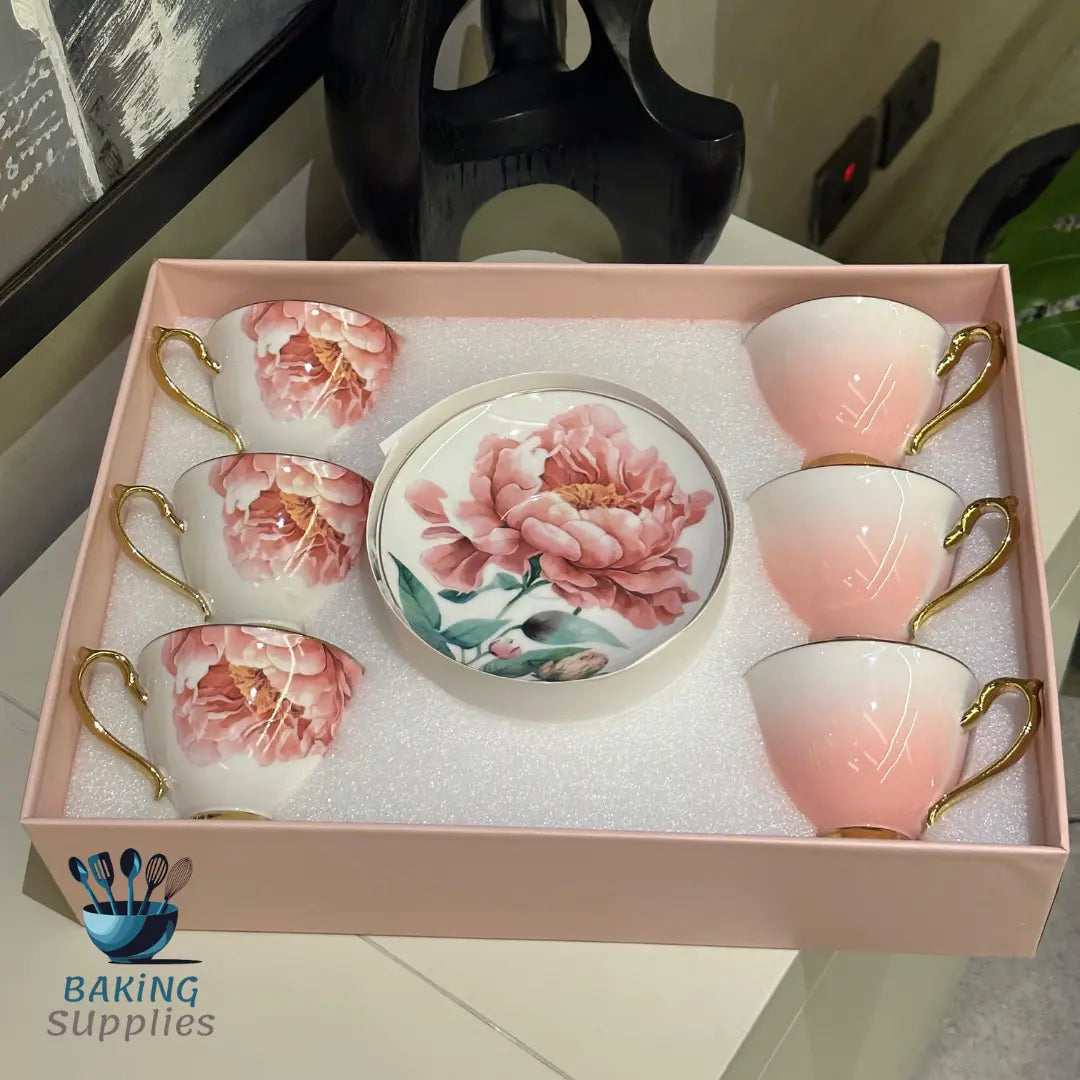 Pink Ombre Cup & Saucer Set – 6 Pieces, Gift-Boxed