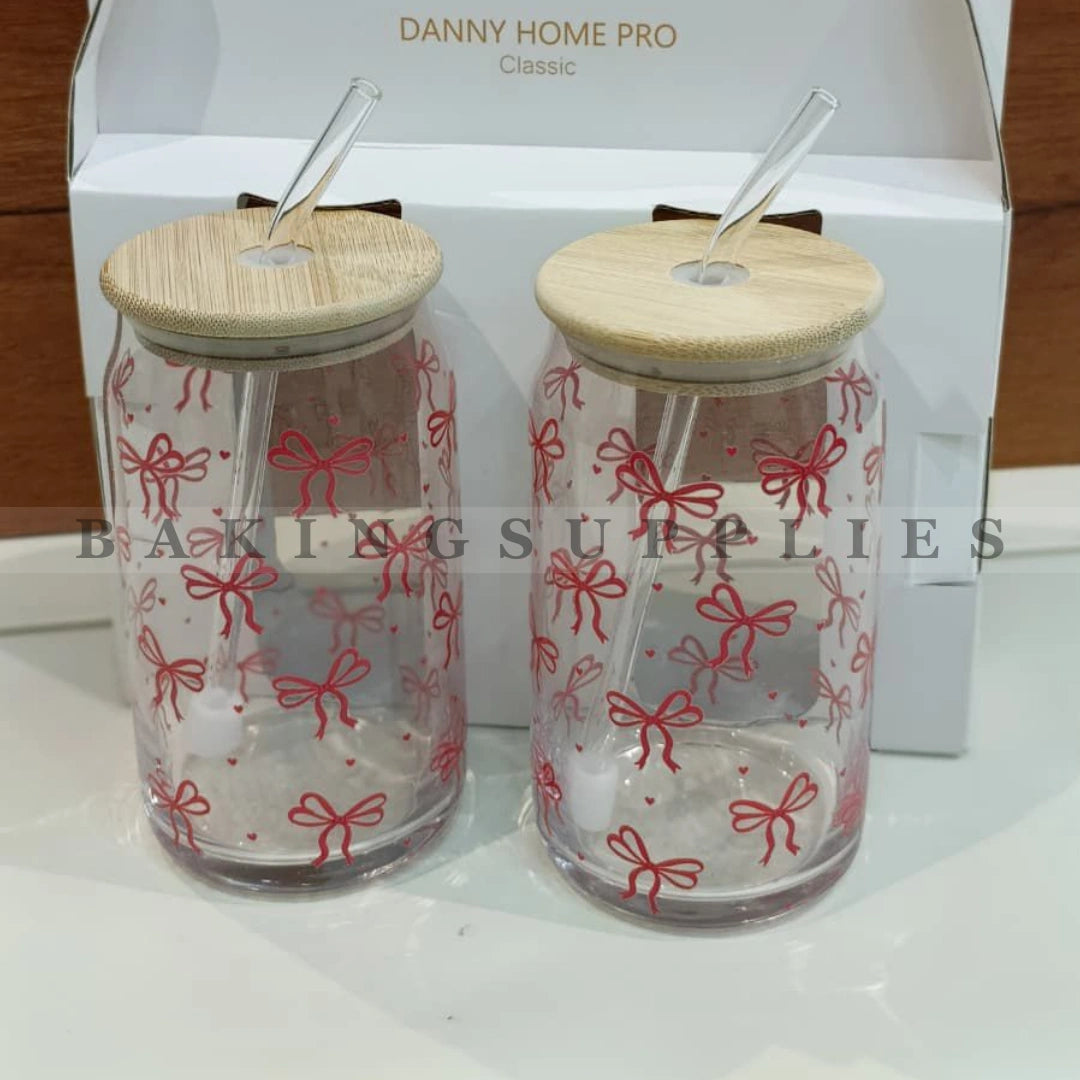 Set of 2 Canned Glass Cups 510ml | Bamboo Lid & Glass Straw
