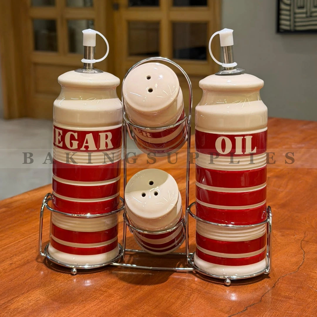 Ceramic Oil and Spice Bottle Set with Metal Stand
