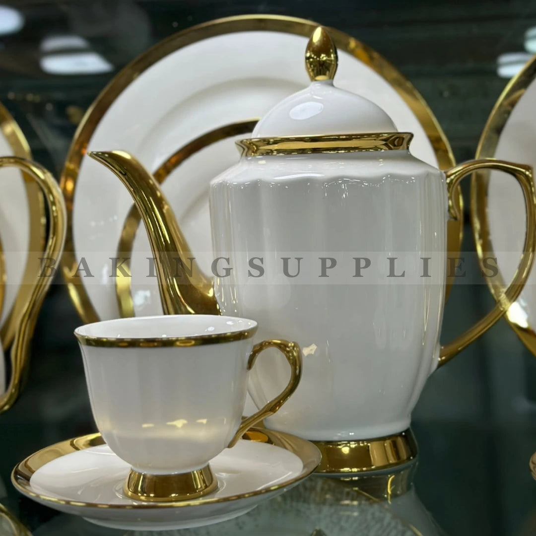 Ribbed Gold Accent Ceramic Tea Set 24 Pieces