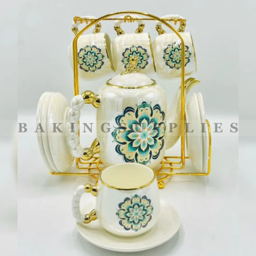 Royal Azure Blossom 15-Piece Ceramic Tea Set with Gold Stand