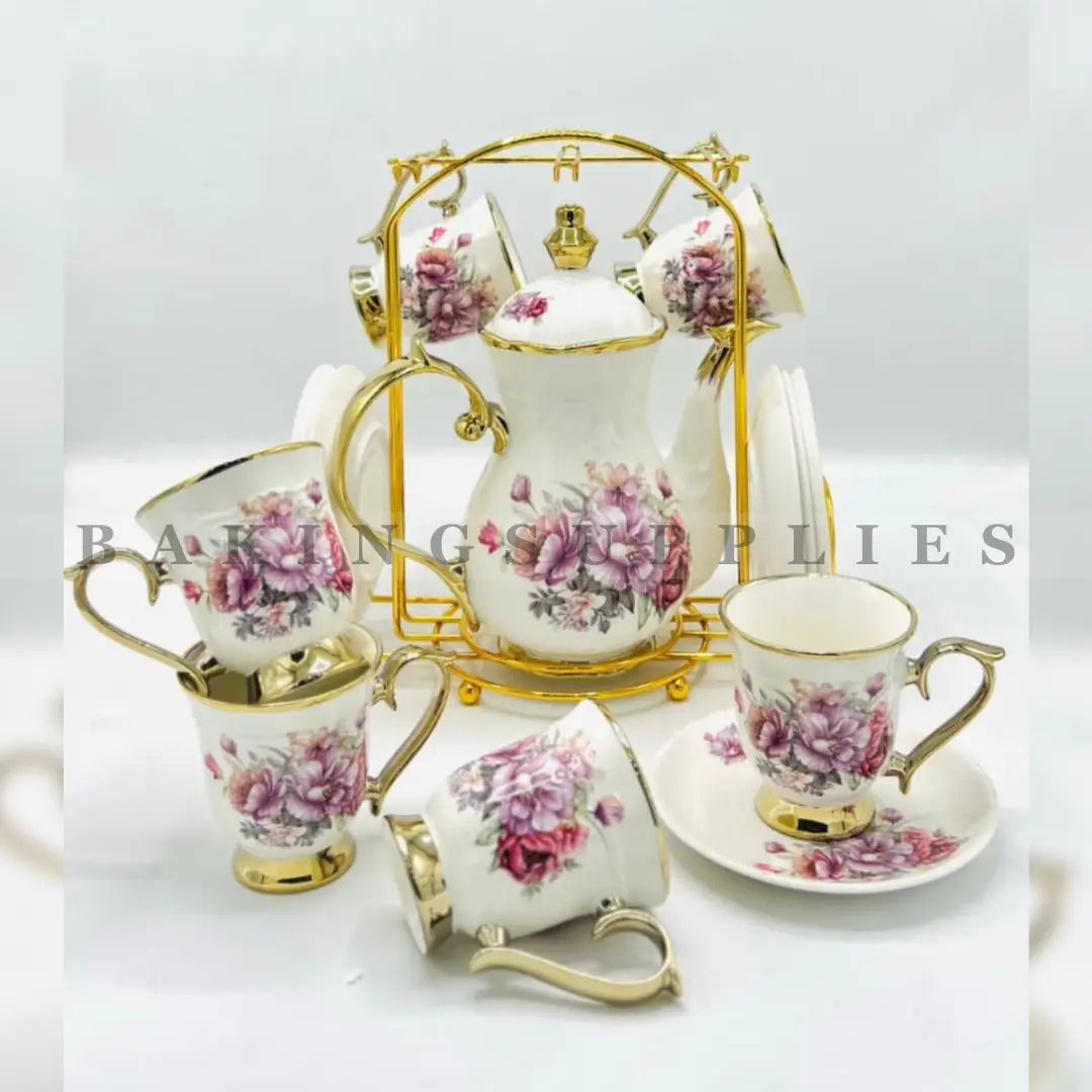 Royal Pink Peony Elegance 15-Piece Ceramic Tea Set with Gold Stand