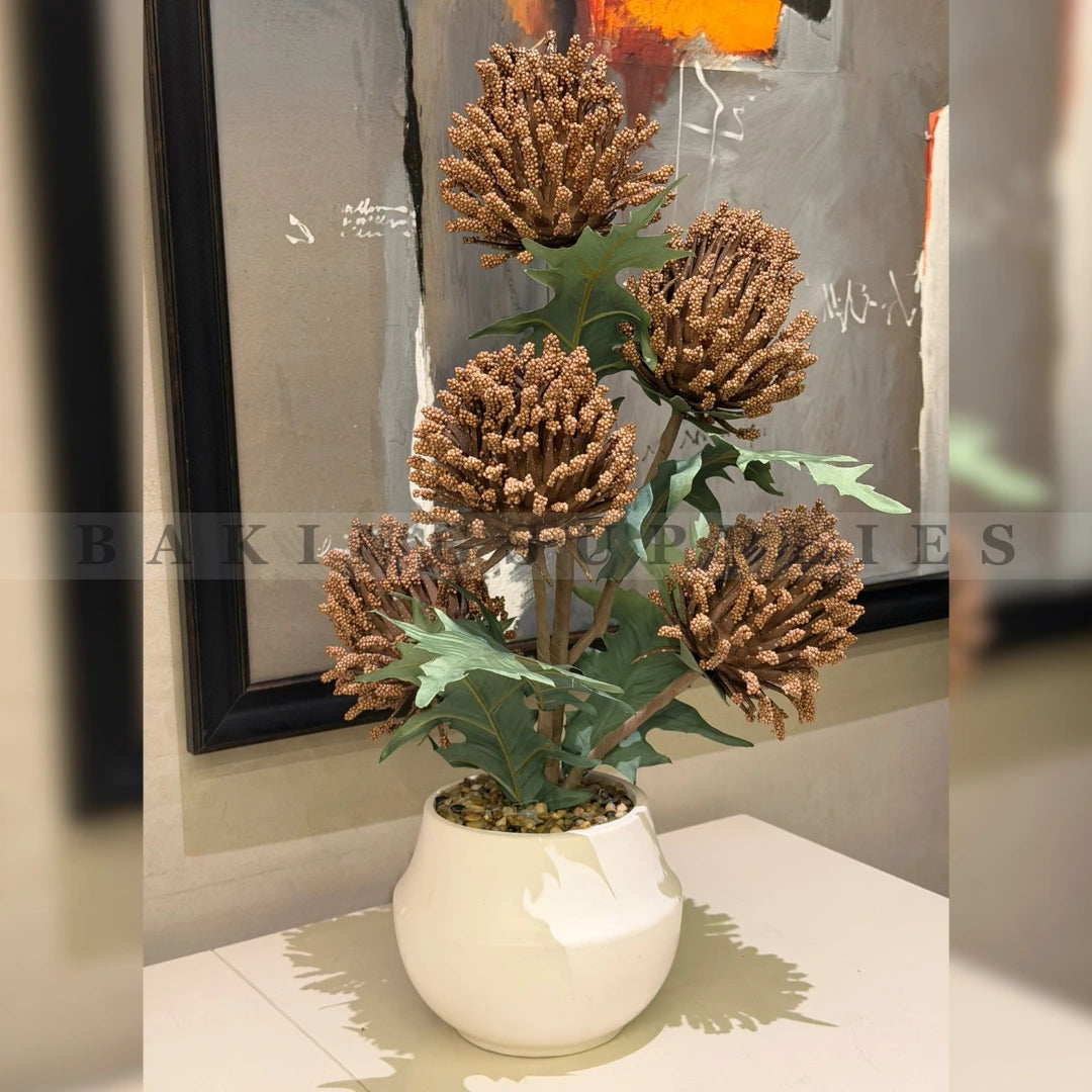 Artificial Protea Flower in Ceramic Pot | Luxury Home Decor