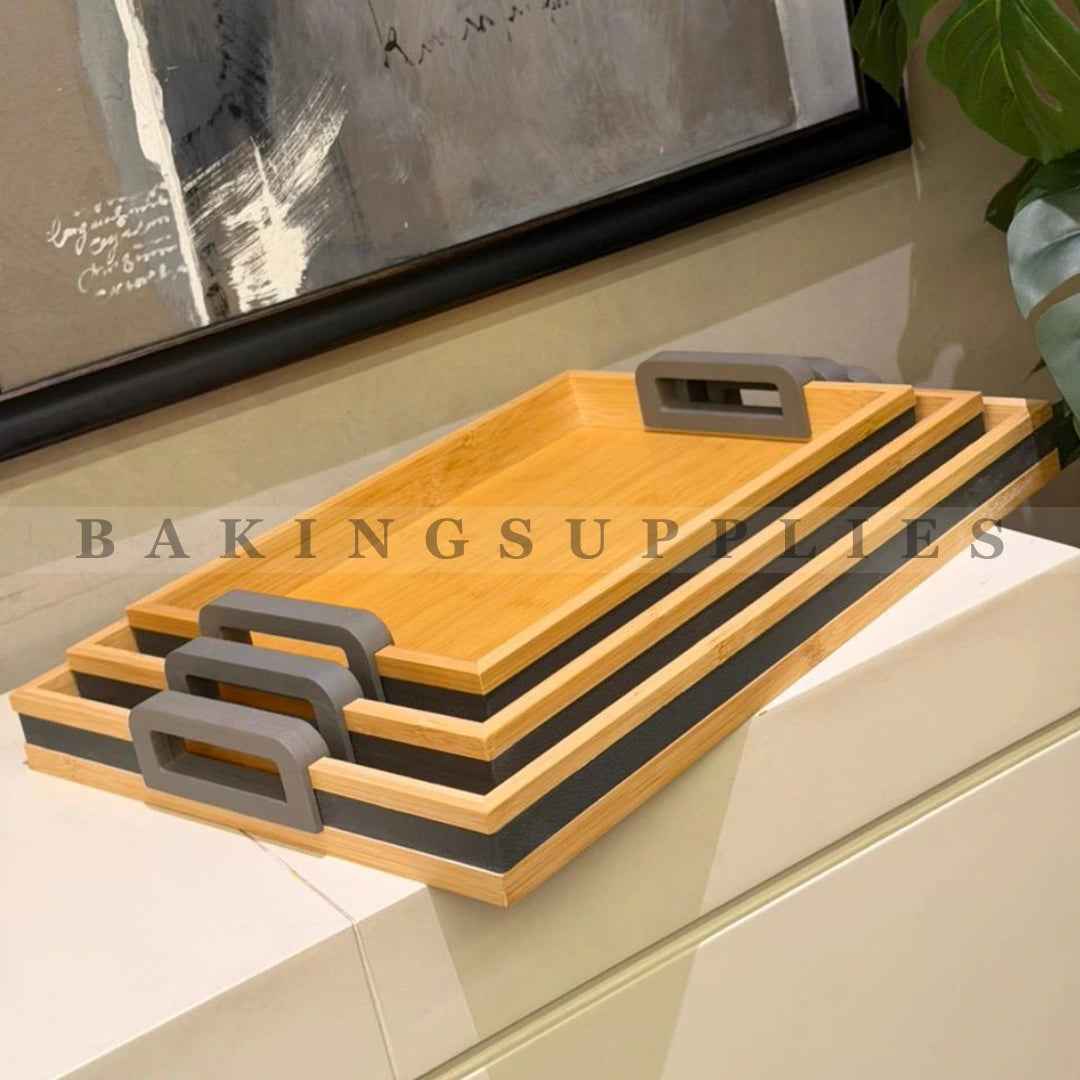 Set of 3 Bamboo Wood Serving Trays with Leather Side Handles
