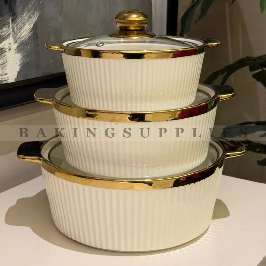 Set of 3 White & Gold Serving Handis with Glass Lids