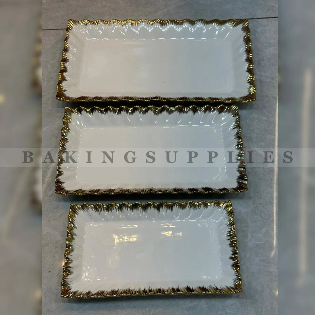 Set of 3 White & Gold Rectangular Serving Platters