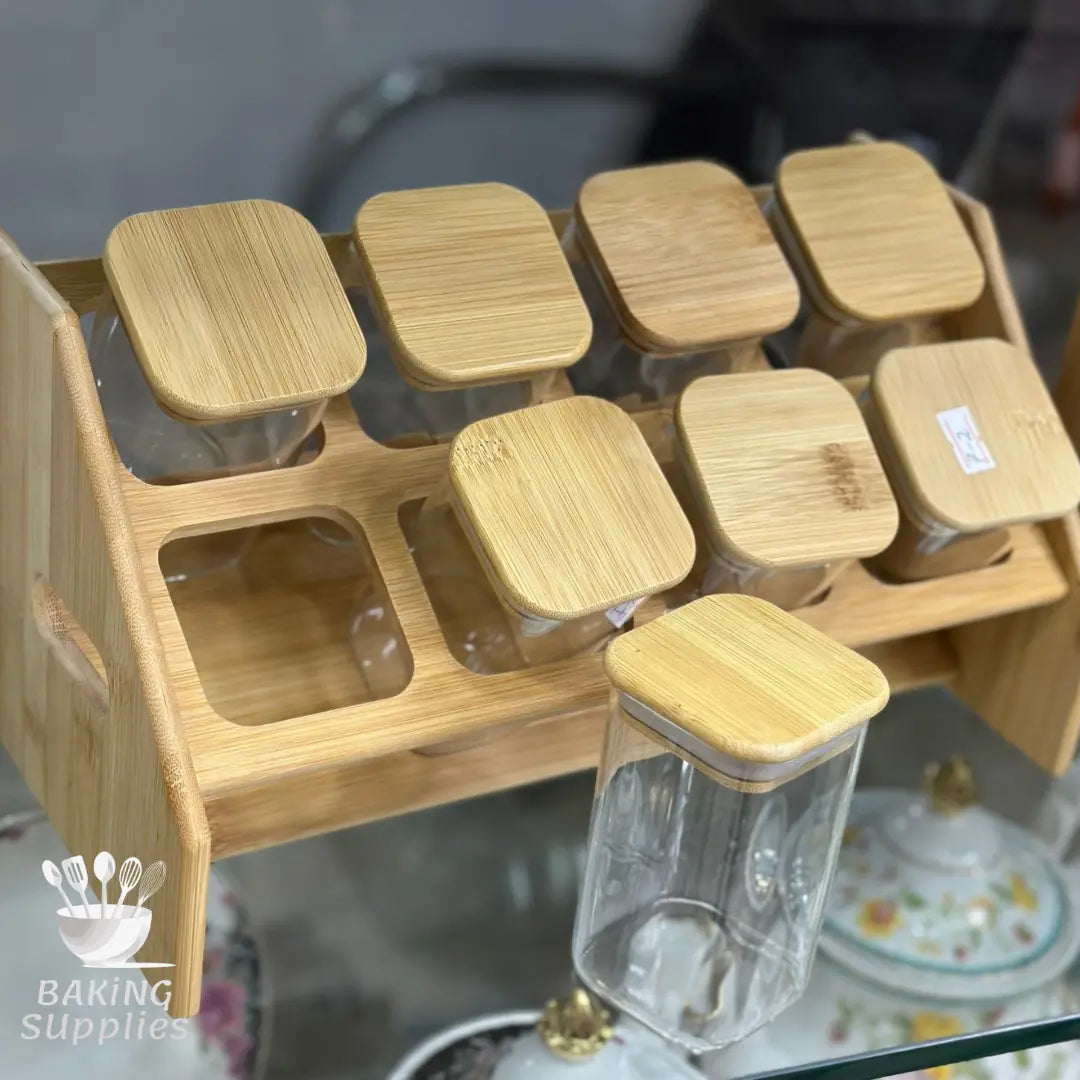 Traditional Wooden Masala Box – Set of 8 Glass Spice Jars