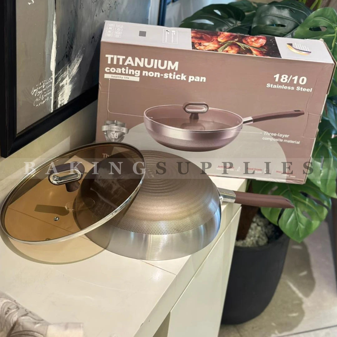 Titanium Coating Nonstick Karahi 30cm with Glass Lid – 18/10 Stainless Steel Wok