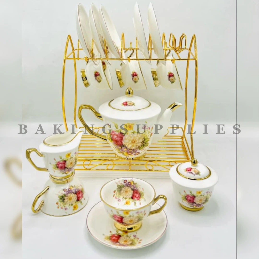 Vintage Blossom Gold Trim Floral Porcelain 18 Piece Tea Set with Metal Rack