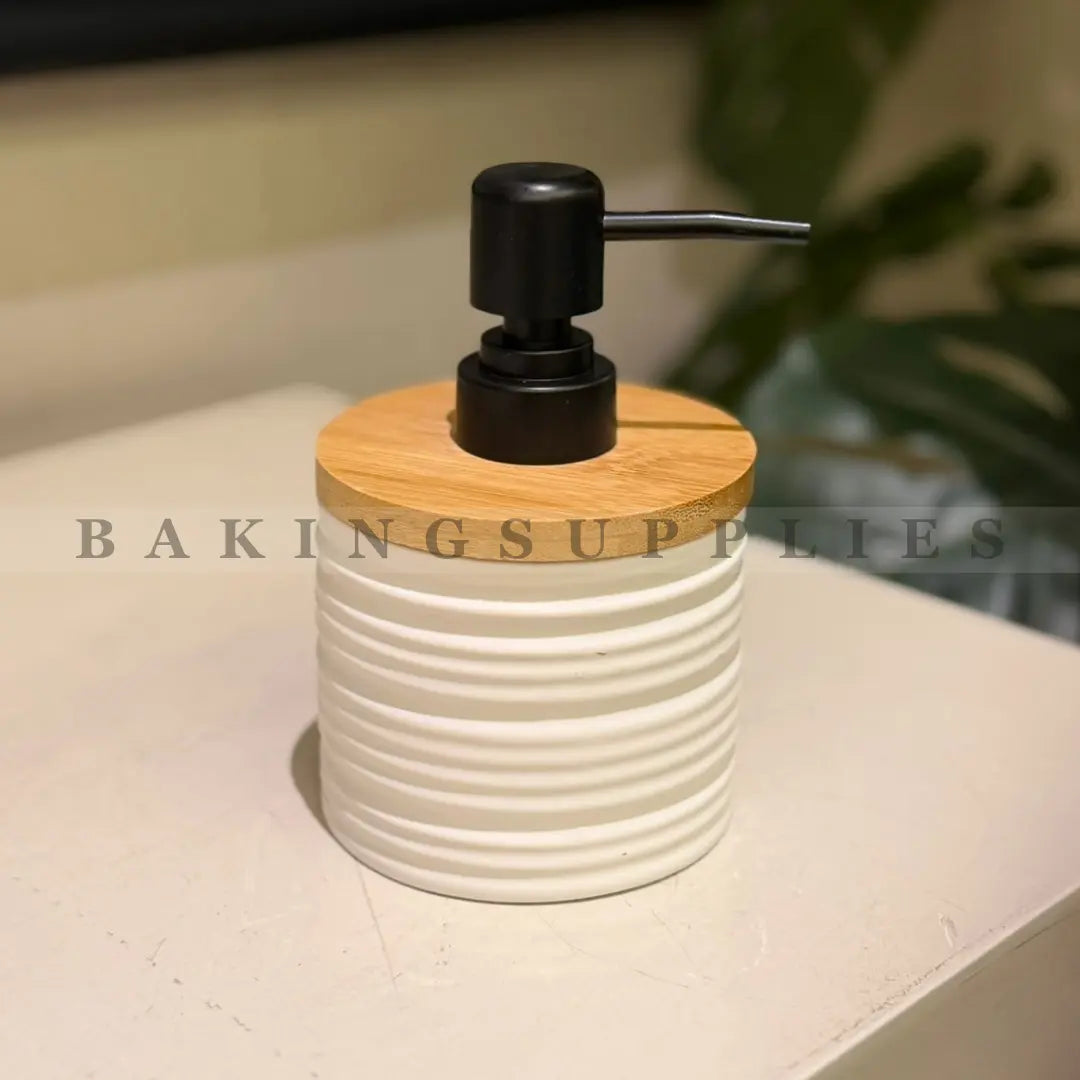 Ribbed Ceramic Soap Dispenser with Bamboo Lid & Black Pump