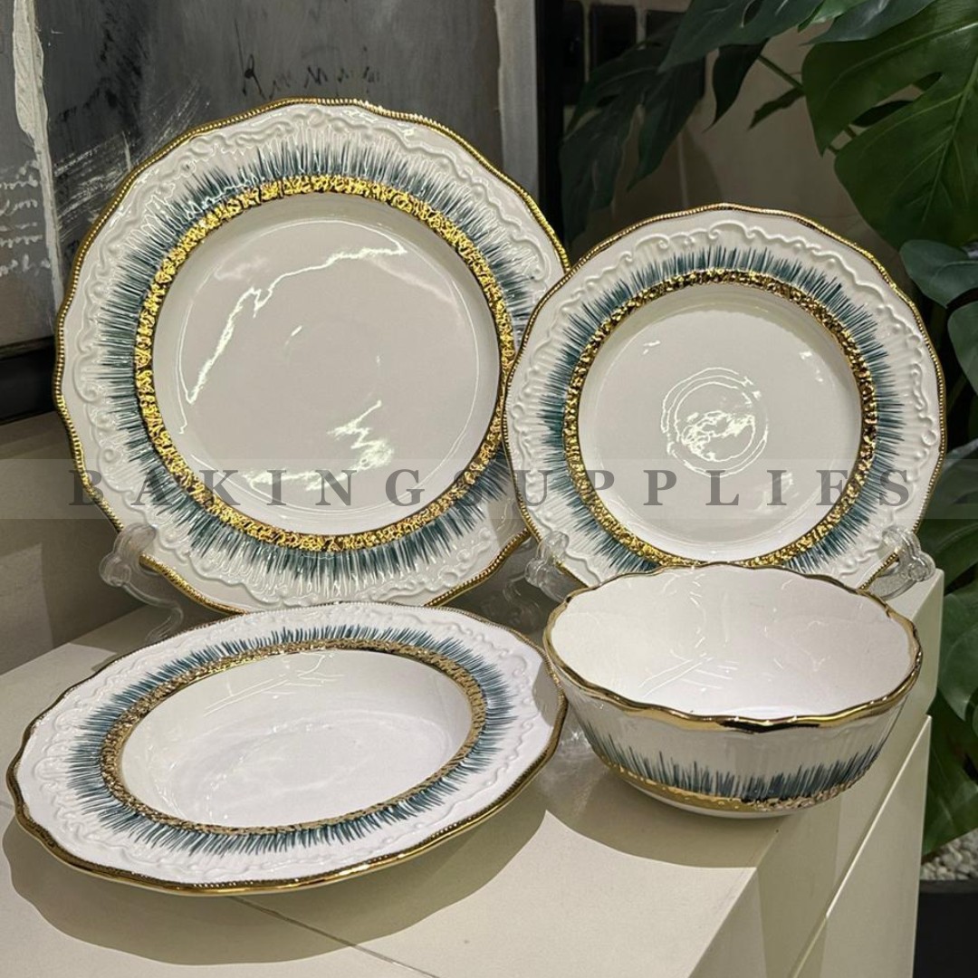 Luxury 24 Pcs Dinner Set – Gold Rim Embossed Ceramic Plates & Bowls (Serves 6)