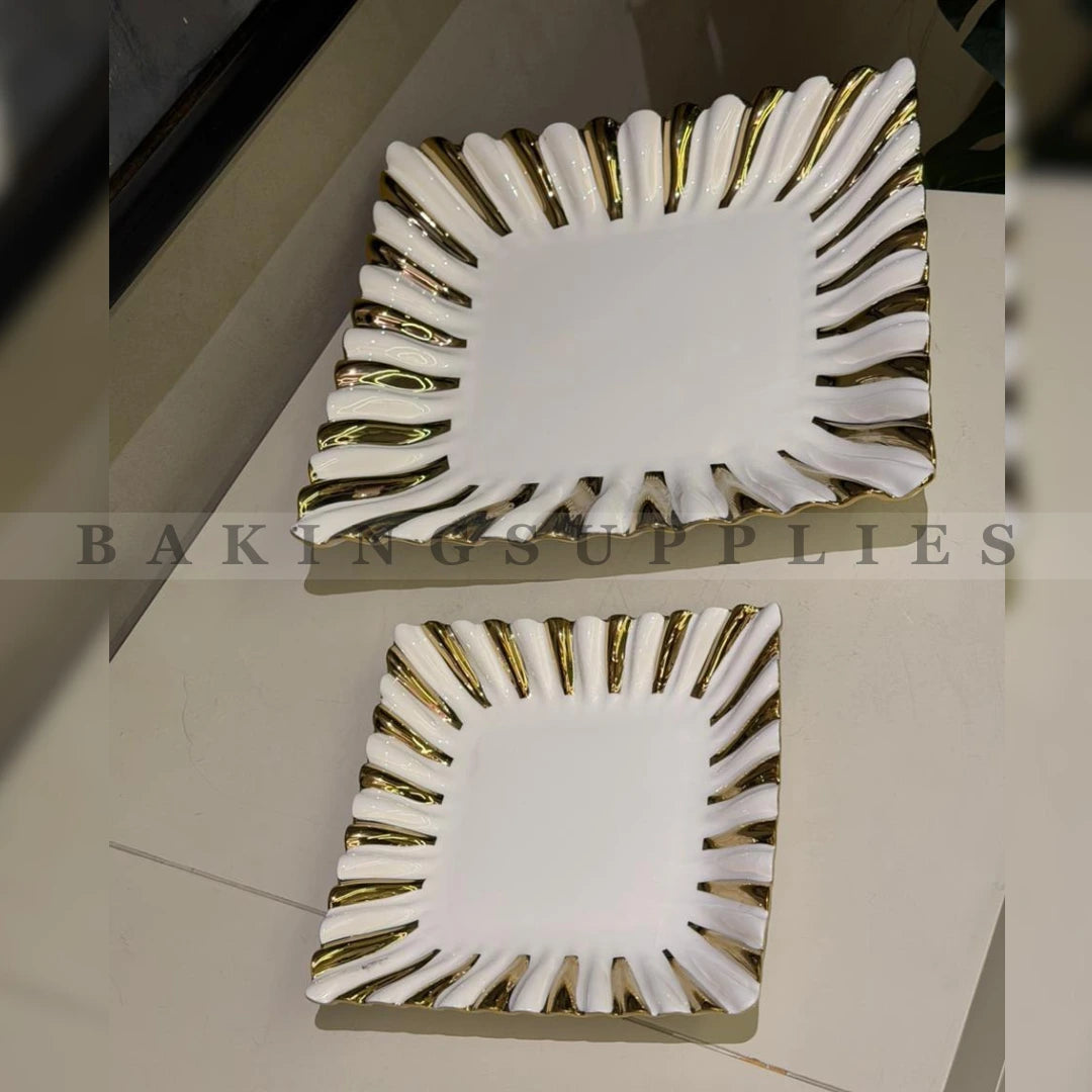 White & Gold Ceramic Cake Serving Set | 1 Large Cake Plate & 6 Dessert Plates