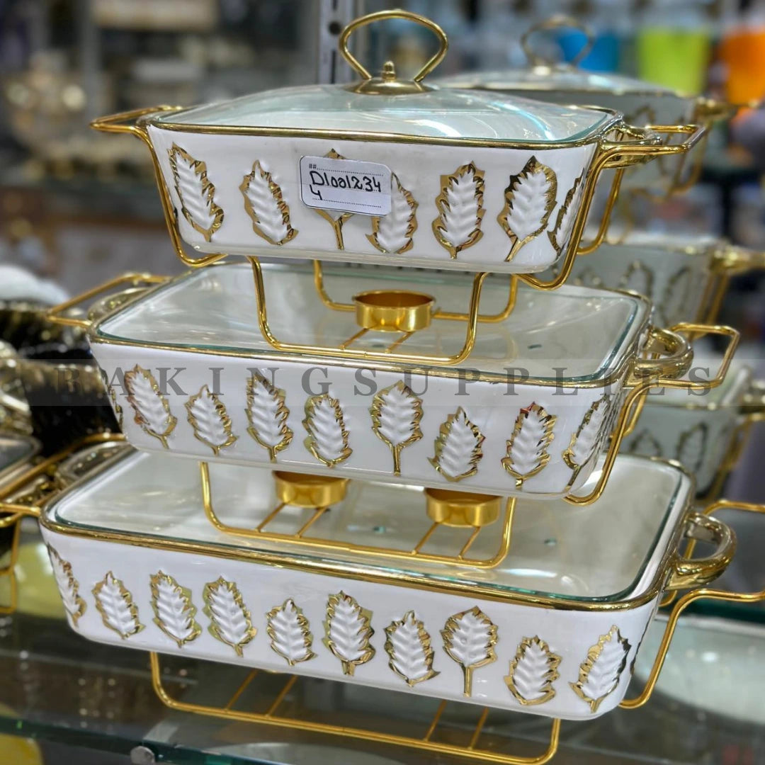 White & Gold Feather Leaf Chafing Dish Set of 3