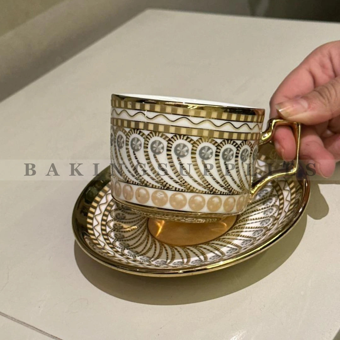 White & Gold Royal Geometric Cup & Saucer Set 12 Pieces