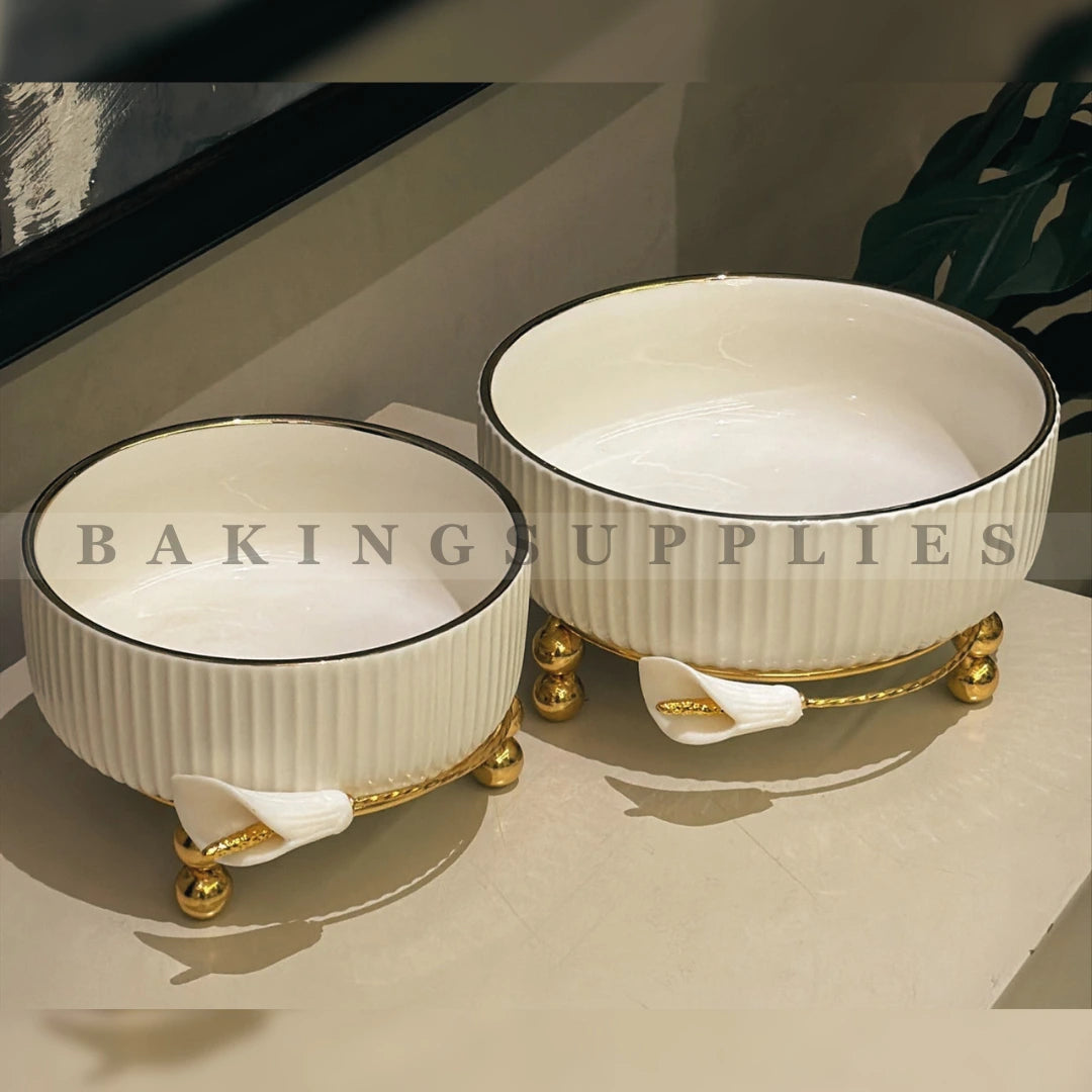 Luxury Ribbed Ceramic Serving Bowl with Gold Stand & Floral Accent
