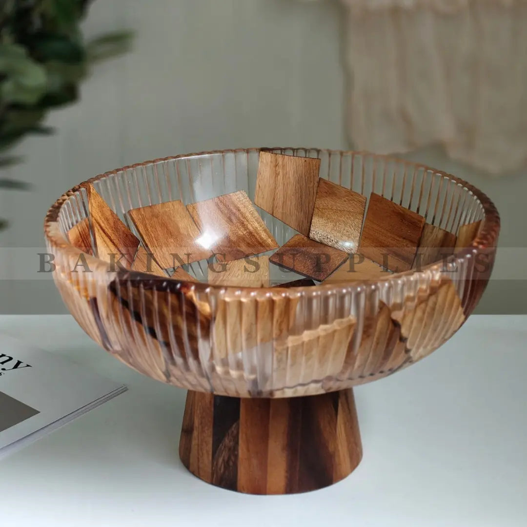 Wooden Mosaic Pedestal Glass Serving Bowl