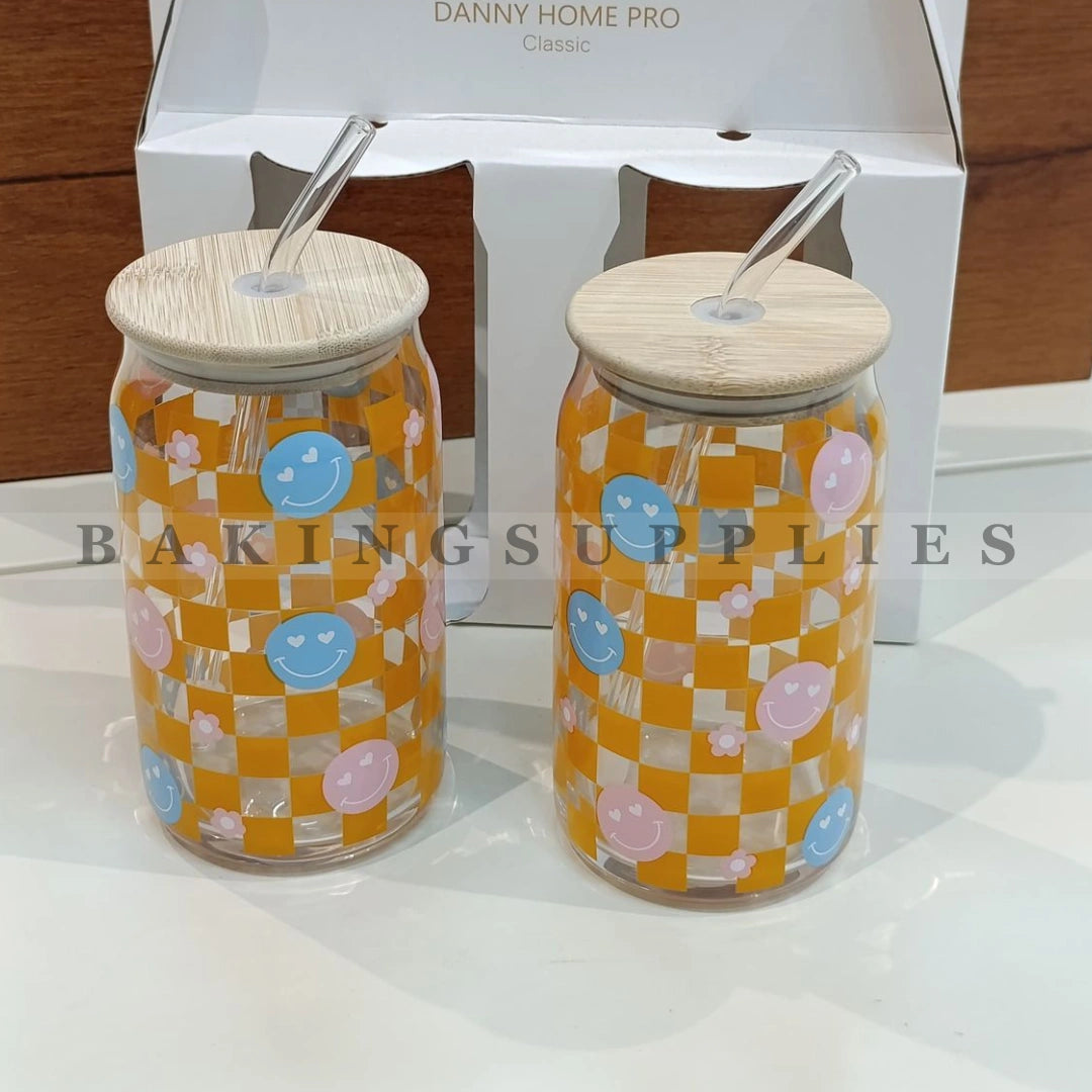 Set of 2 Canned Glass Cups 510ml | Bamboo Lid & Glass Straw
