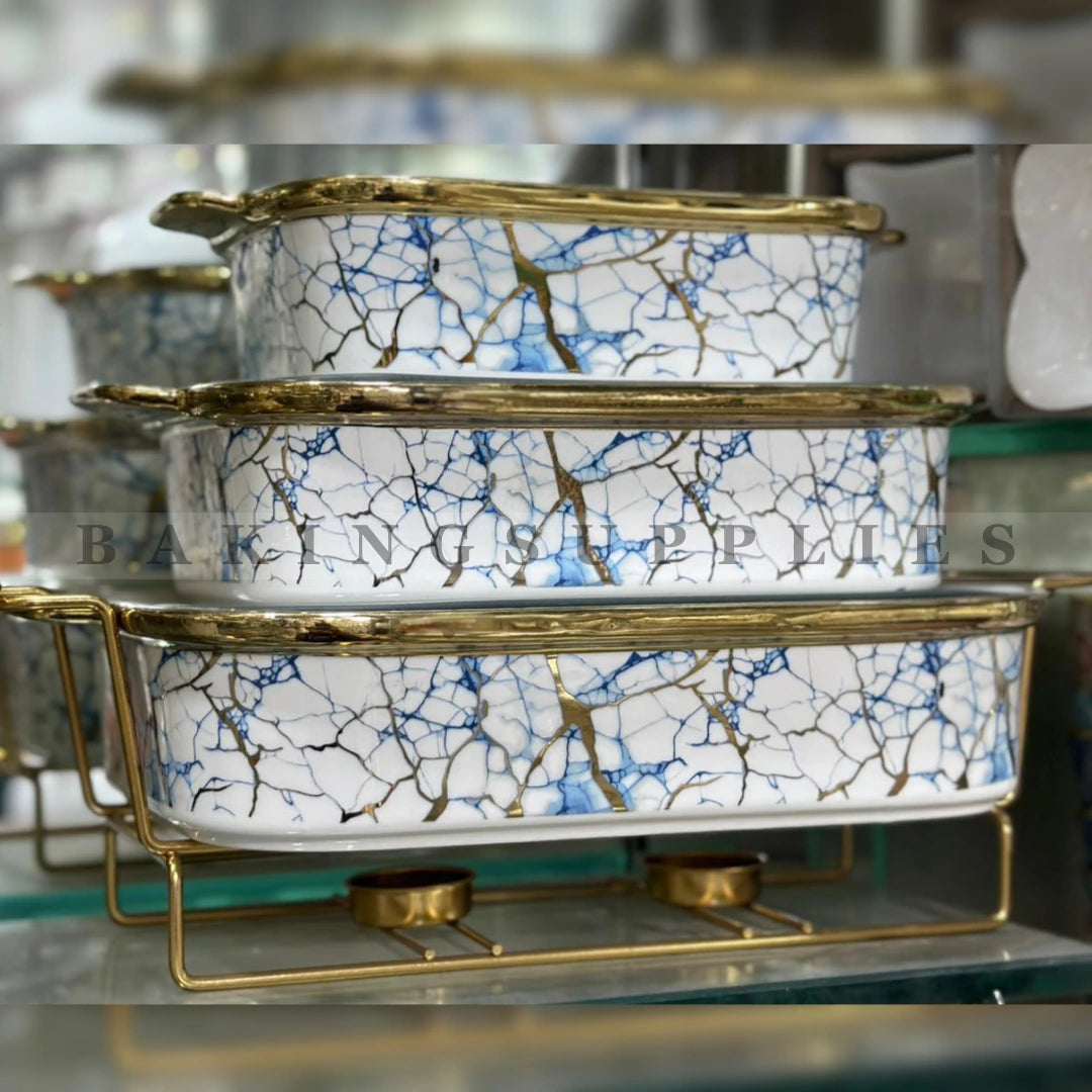 Set of 3 Chafing Dishes with Glass Lids & Gold Stand