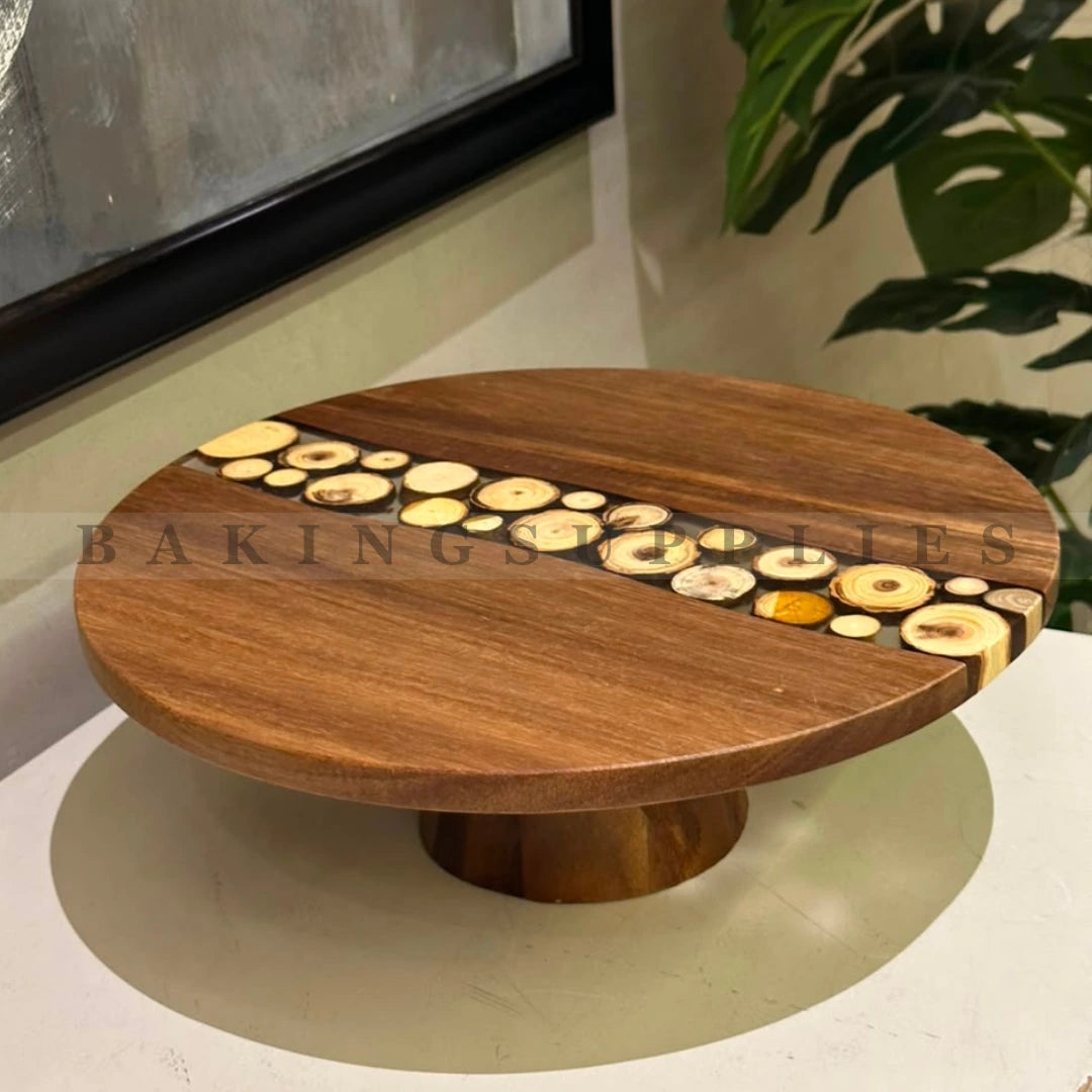 12 Inch Wooden Cake Stand with Decorative Wood Inlay