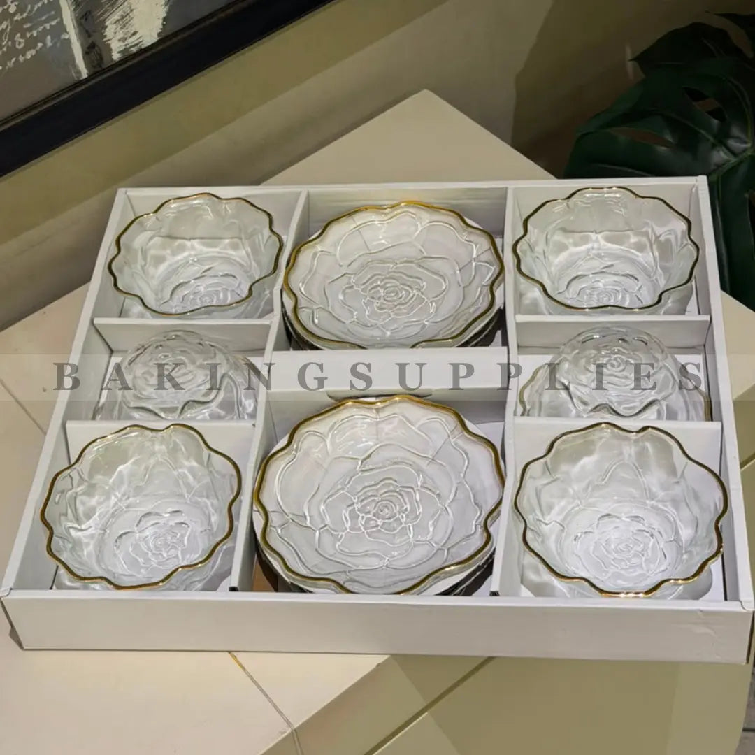 12-Piece Floral Glass Dessert Bowl & Saucer Set with Gold Rim