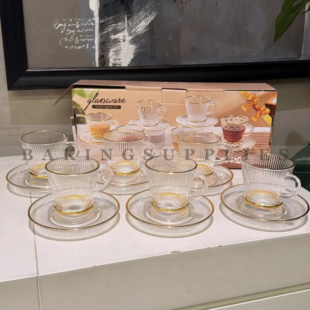 12 Piece Glass Kehwa Cup & Saucer Set with Gold Rim