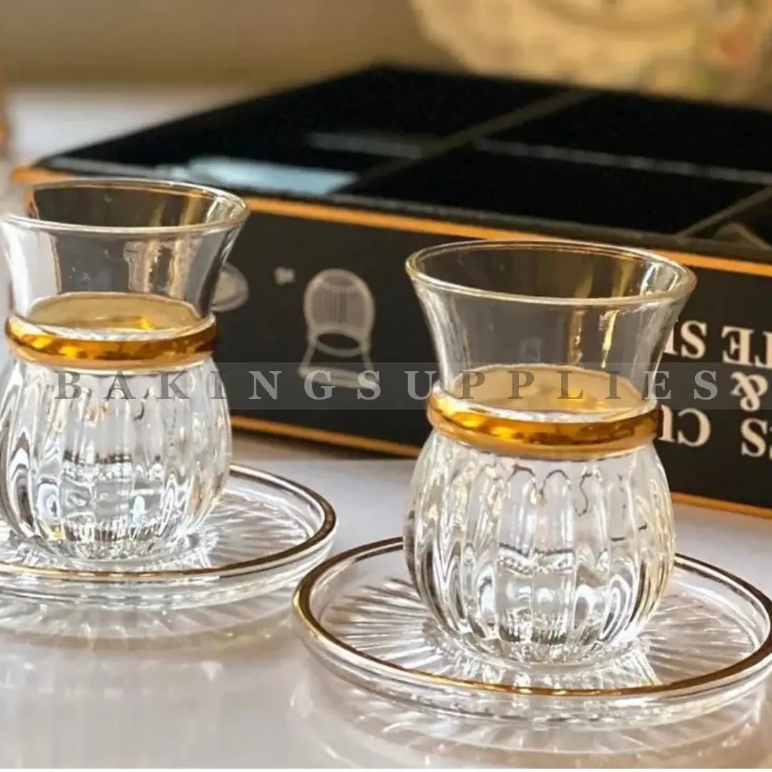 Turkish Crystal Kehve Cup Set with Dull Gold Rim | 12 Piece Set